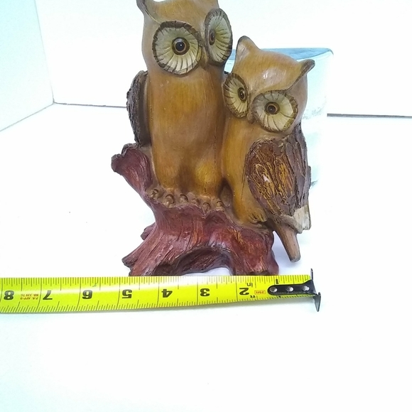 OWL Resin Figurine Statue on Tree Trunk 3D Etchings Brown Tan  8"hx 5"w  Decor - Picture 5 of 7